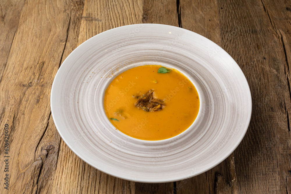 Pumpkin puree soup. Close up Pumpkin puree soup. Close up