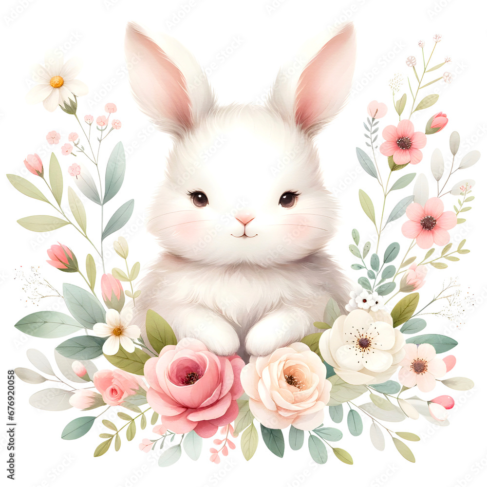 Obraz premium Cute floral bunny watercolor clipart, PNG illustration with transparent background