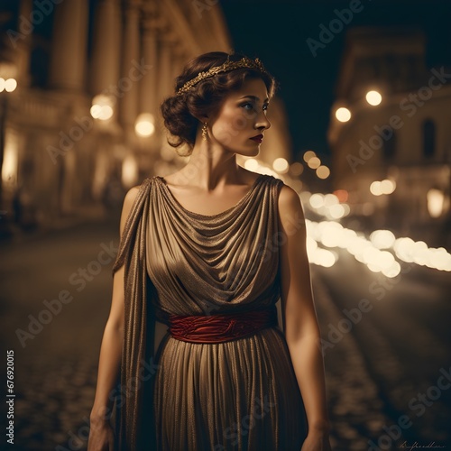 Beautiful queen walking in ancient rome wearing an extraordinary roman dress