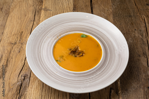 Pumpkin puree soup. Close up