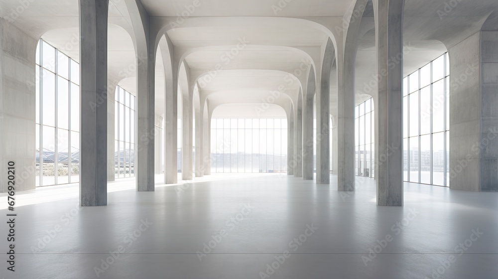 Minimalistic hall with columns, sunlight. Generation AI