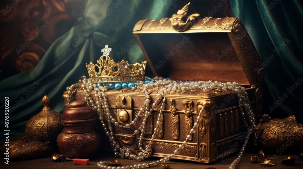 low key picture of a golden treasure box and a stunning queen or king's crown. retro filtered. fantastical medieval era - obrazy, fototapety, plakaty 