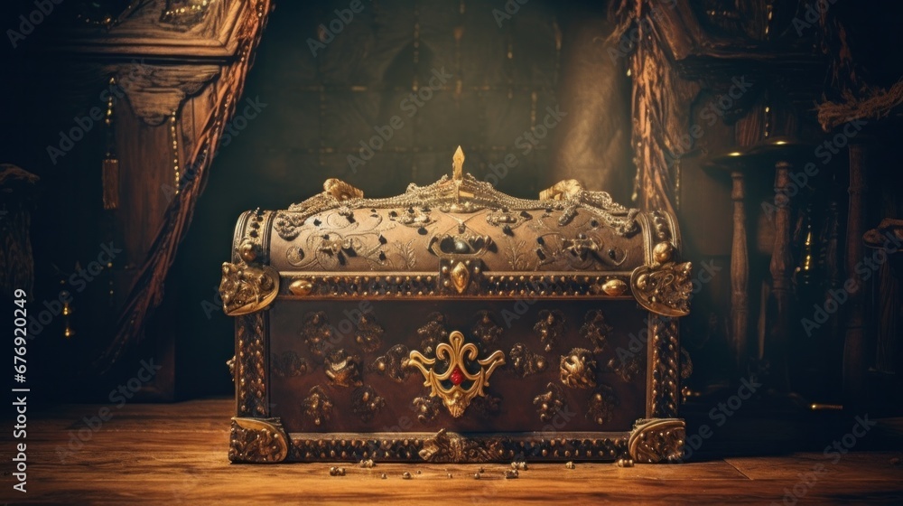 low key picture of a golden treasure box and a stunning queen or king's crown. retro filtered. fantastical medieval era - obrazy, fototapety, plakaty 