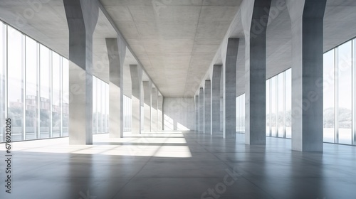 Minimalistic hall with columns, sunlight. Generation AI