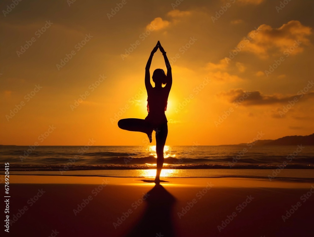 Silhouette of a young woman practicing yoga on the beach at sunset, AI generator