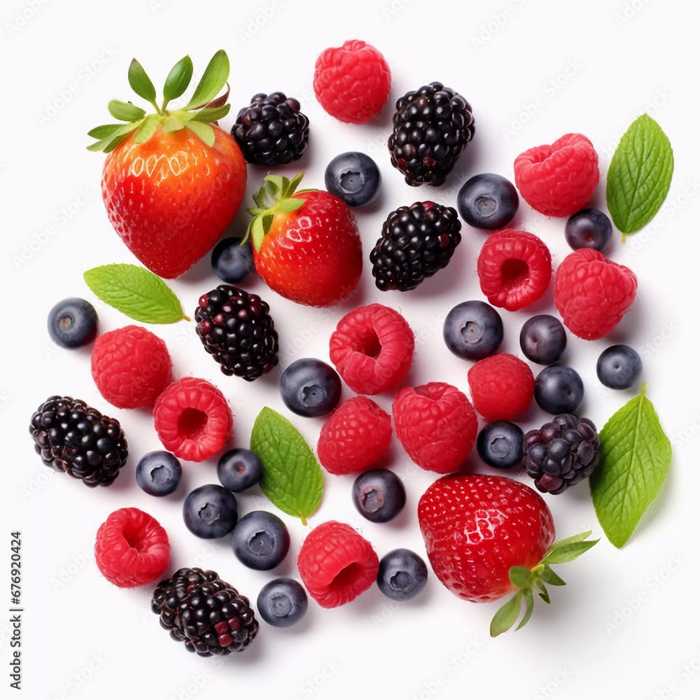 Collage with a bunch of different berries isolated on white, AI generator Collage with a bunch of different berries isolated on white, AI generator