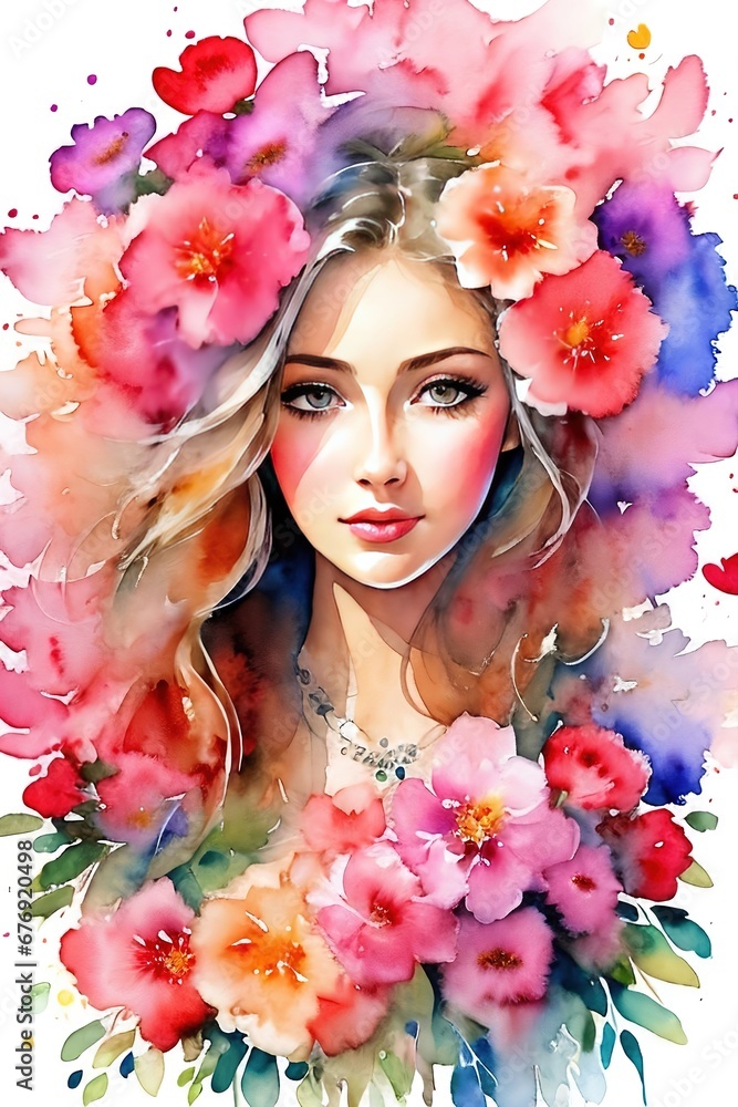 Woman with flowers. Watercolor drawing. Woman with flowers. Watercolor drawing.