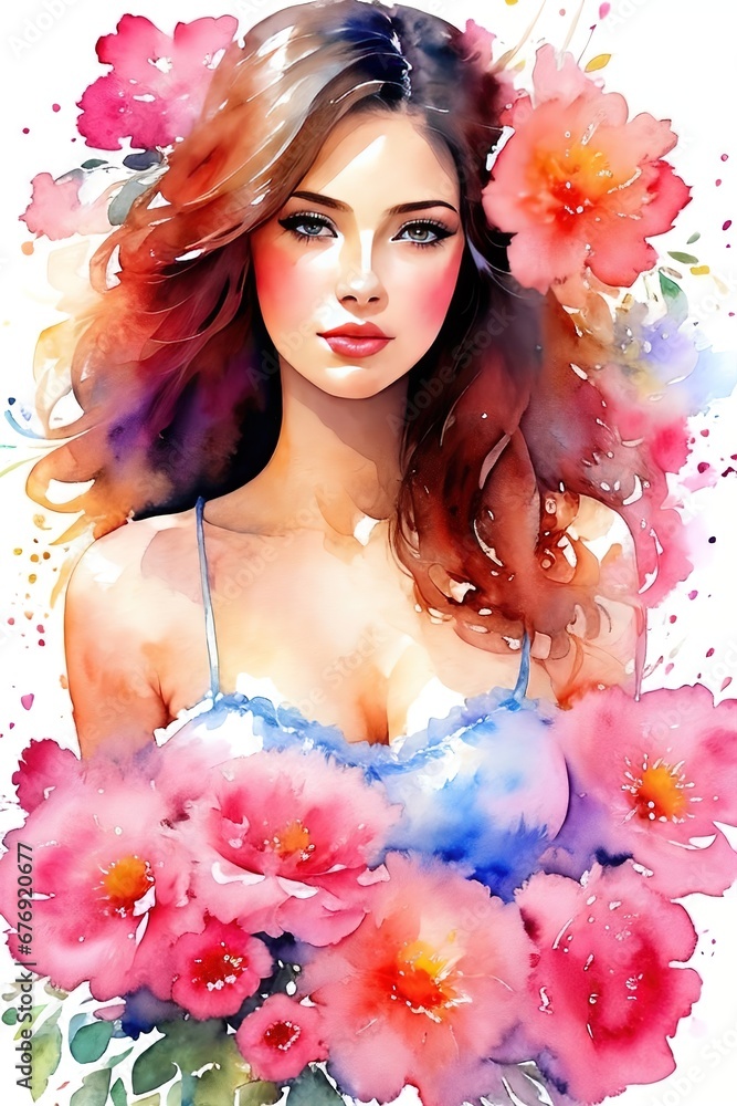 Woman with flowers. Watercolor drawing. Woman with flowers. Watercolor drawing.