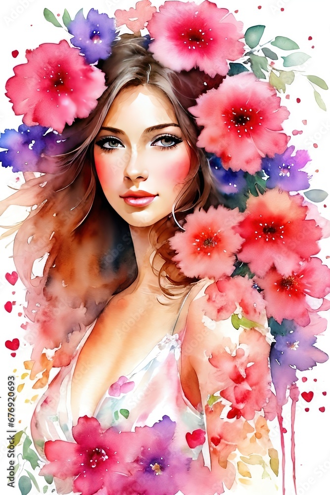 Woman with flowers. Watercolor drawing. Woman with flowers. Watercolor drawing.