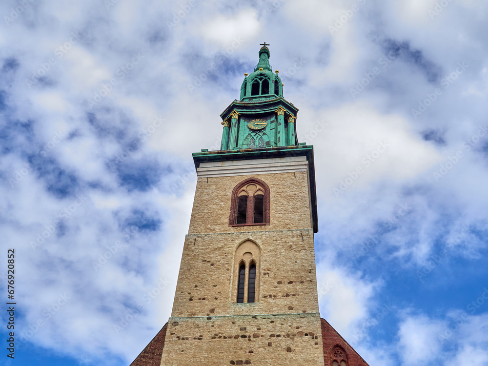 Bell Tower of St. Mary's Church, known as the Marienkirche or St.-Marien-Kirche in German. Mitte, near Alexanderplatz, Berlin, Germany, Europe
