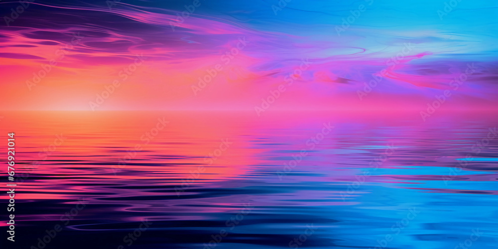 Abstract interpretation of a lake at twilight, using neon colors to simulate the water and sky, glitch art elements disrupting the peaceful scene