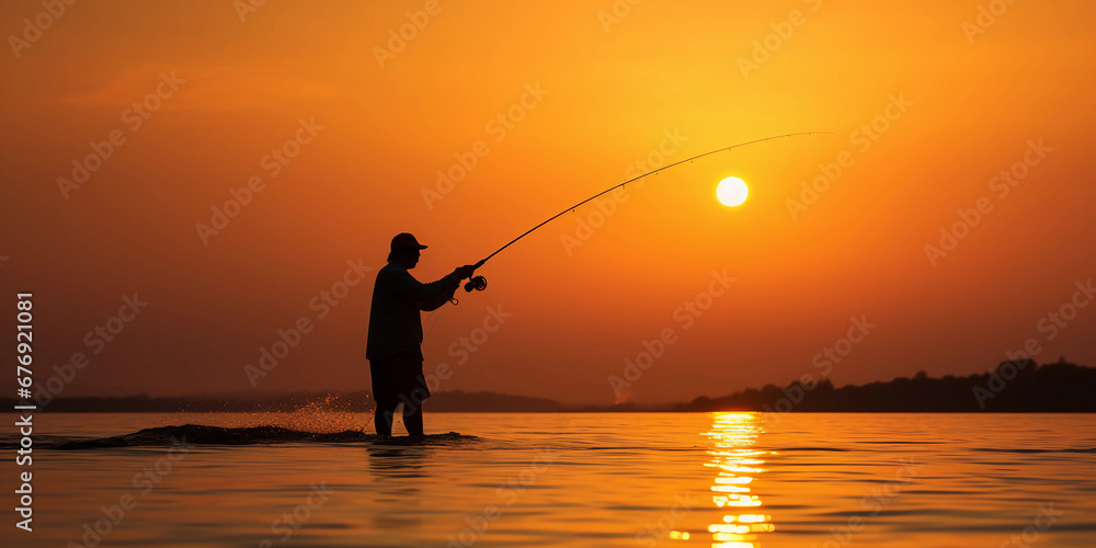silhouette of an angler casting a line at sunset. Warm colors, smooth gradients