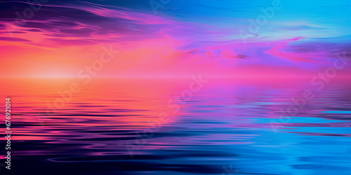 Abstract interpretation of a lake at twilight, using neon colors to simulate the water and sky, glitch art elements disrupting the peaceful scene © Marco Attano