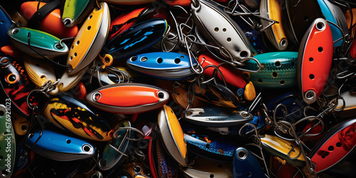 fishing lures, reels, and rods transformed into an abstract mosaic of color and form
