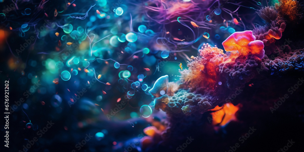 Fototapeta premium Abstract blobs and spots representing the vibrant corals and fish seen while angling in tropical waters