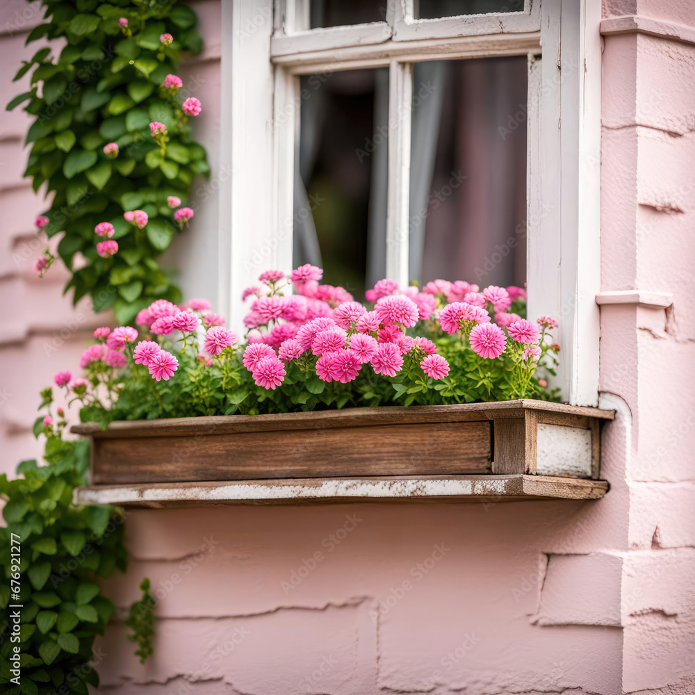 Fototapeta premium Pretty summer pink flowers in a window box on a pink house