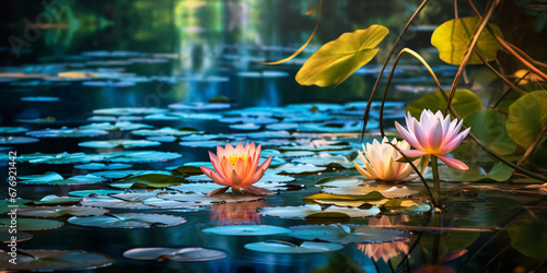Lake with water lilies, highly stylized like stained glass art, vivid yet harmonious color scheme photo