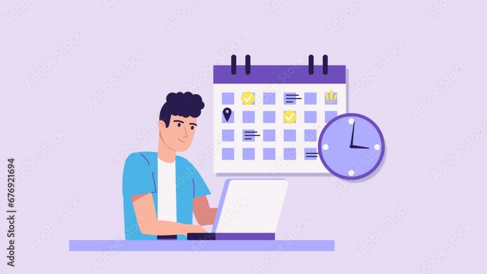 Man character with laptop animation. Calendar and clock, Schedule planning concept. Time management and self organization. work-life balance, working time, Deadline and overwork. Cartoon style Man character with laptop animation. Calendar and clock, Schedule planning concept. Time management and self organization. work-life balance, working time, Deadline and overwork. Cartoon style