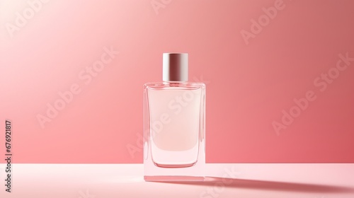 Transparent glass bottle with perfume on a pink background.