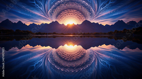 Surrealistic interpretation of a mountain lake at dawn, mirror-like water reflecting the rising sun, deep hues of blue and indigo, intricate fractal patterns in the water's texture