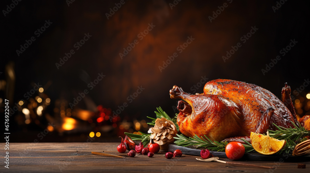 a christmas Menue with roast goose on brown background with copy space - obrazy, fototapety, plakaty 