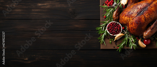 a christmas Menue with roast goose on brown background top view, with copy space