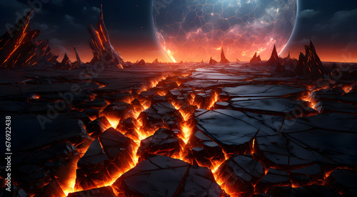 A dystopian world with glowing lava fissures under a large ominous moon.