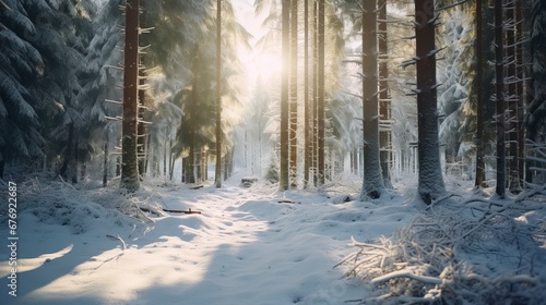 Snowy winter landscape with forest and river. Generation AI