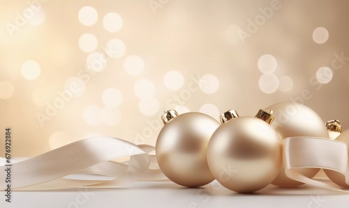 Shiny bright Christmas balls and wavy ribbon on beige table top, AI generator