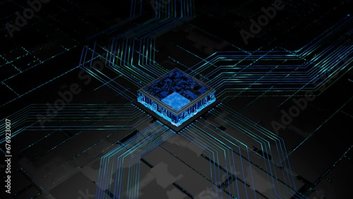 High-Tech Visualization: CPU Activation on Motherboard with Energy Pulse Expansion.