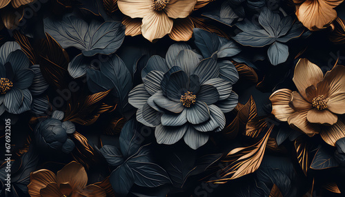  black and gold leaves background with black flowers,muted earth tones, junglepunk, dark teal and orange photo