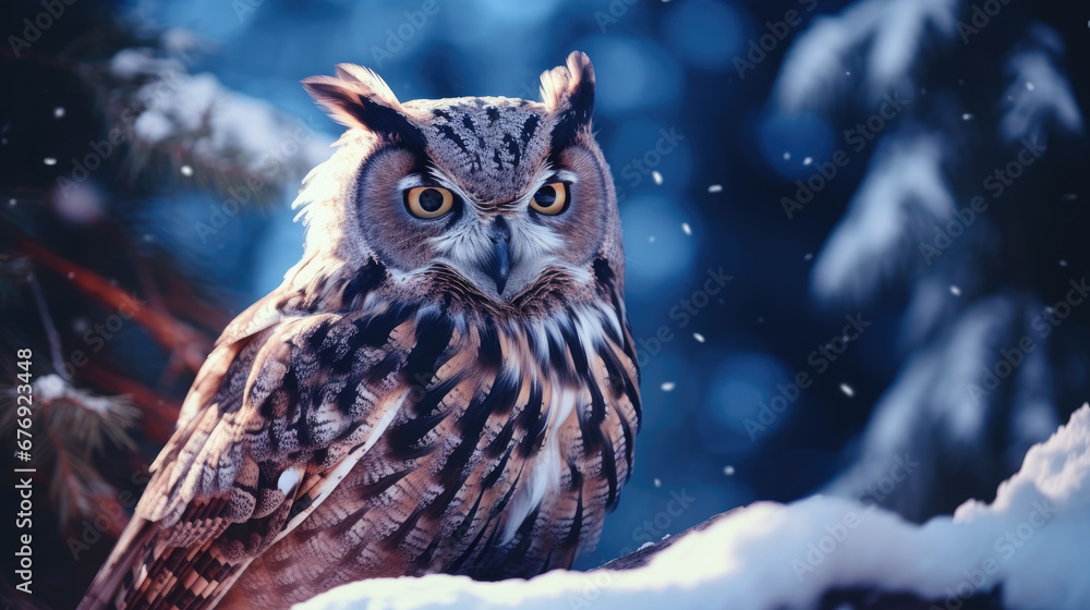 Beautiful owl in winter forest. Wildlife scene from wild nature. Beautiful owl in winter forest. Wildlife scene from wild nature.