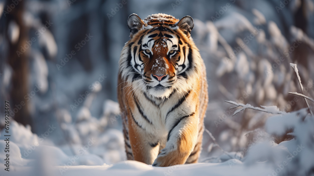 Siberian Tiger walking in the winter forest