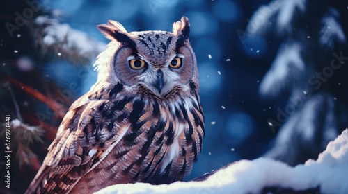 Beautiful owl in winter forest. Wildlife scene from wild nature. © Tida
