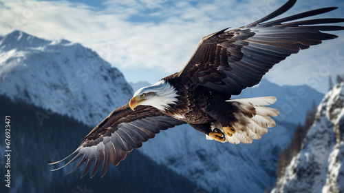 Bald Eagle flying in the mountains. © Tida