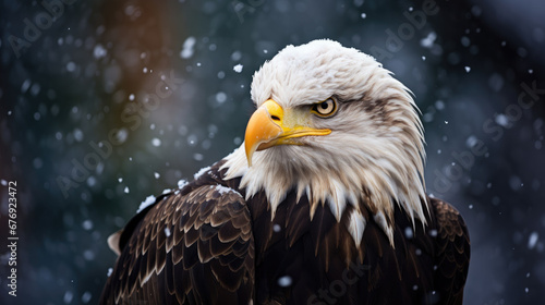 Close-up portrait of Bald Eagle in the winter forest