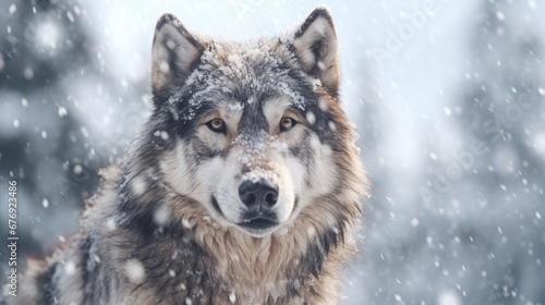 Close-up portrait of a wolf on a background of winter forest