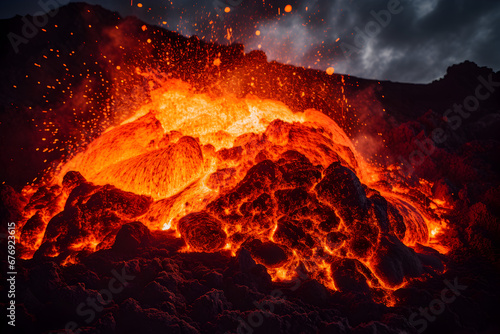 Visceral lava flow in vivid detail, showcasing the raw power of a volcanic eruption.