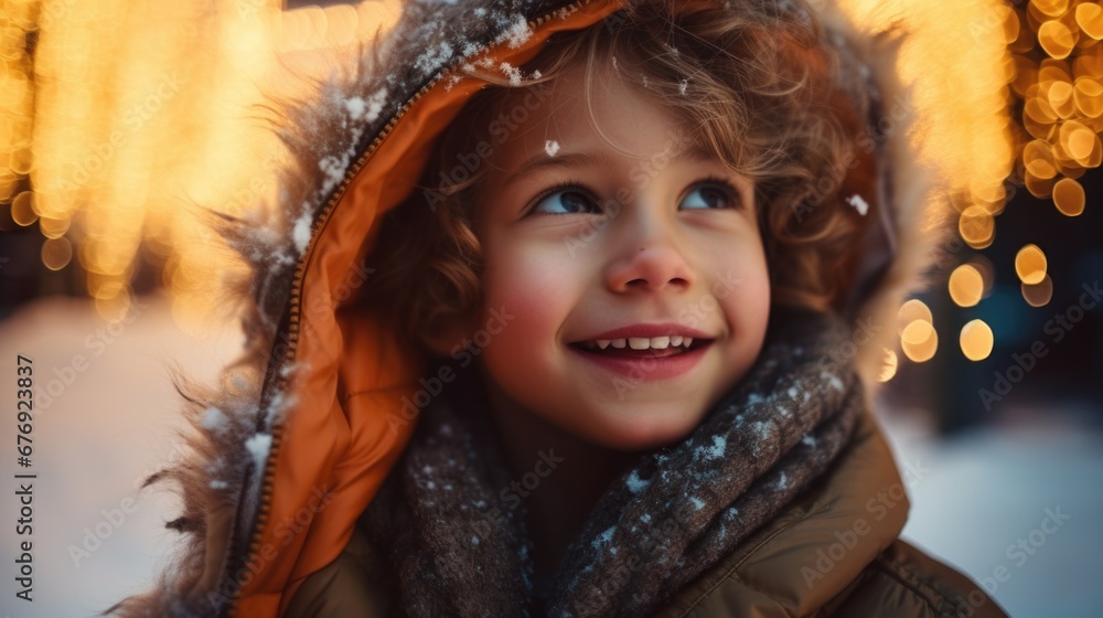 A young child wearing a winter coat and smiling, festive winter illumination at night. A young child wearing a winter coat and smiling, festive winter illumination at night.
