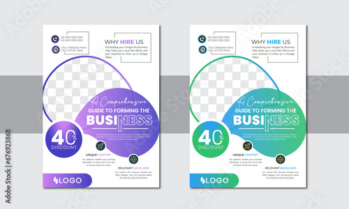 Simple and modern flyer design with creative shapes with two color variation in A4 size with unique layout.