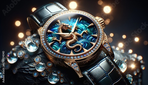 Luxuriöse Armband Uhr mit blauem Drachenmotiv, Diamantbesatz und leuchtenden Details auf dunklem Hintergrund
