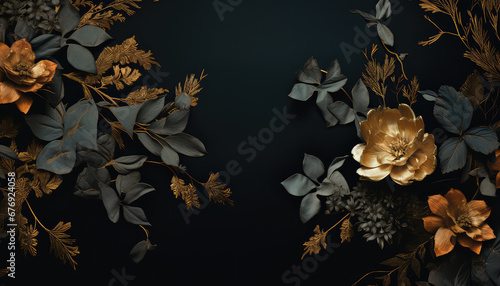  black and gold leaves background with black flowers,muted earth tones, junglepunk, dark teal and orange