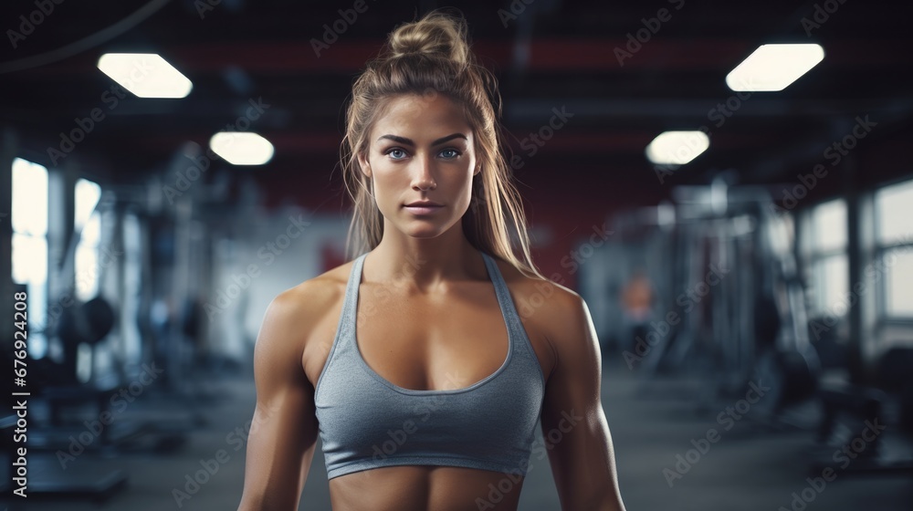 Young, athletic woman with muscle posing in a gym before a box jump exercise class Young, athletic woman with muscle posing in a gym before a box jump exercise class