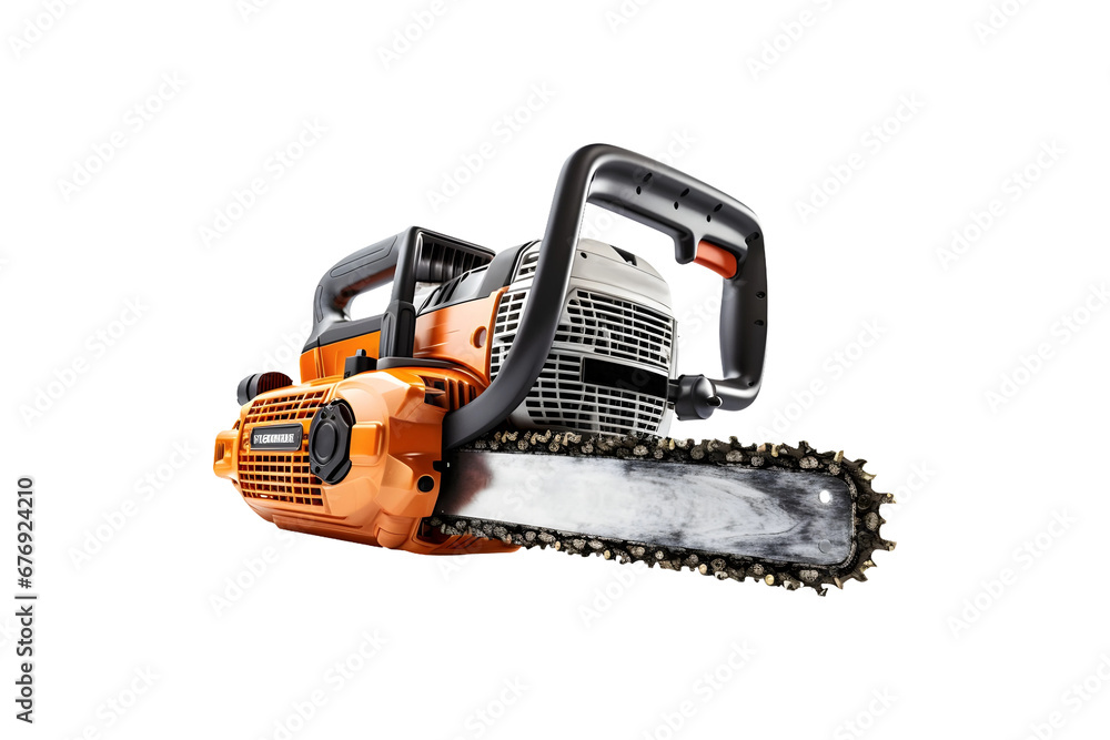 Woodcutter or chain saw machine isolated on transparent and white background, AI