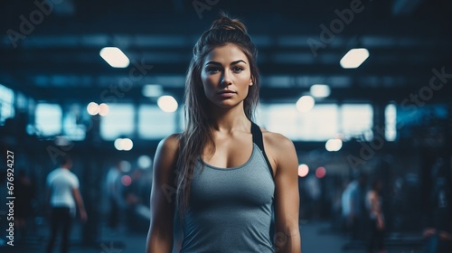 Young, athletic woman with muscle posing in a gym before a box jump exercise class
