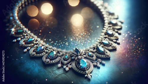 Vintage-Stil Halskette mit großen blauen Edelsteinen und filigranen Metallarbeiten auf einem glitzernden Hintergrund
