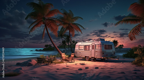 camping car van for recreation on the ocean. Generative AI photo