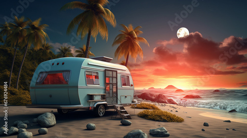 camping car van for recreation on the ocean. Generative AI photo
