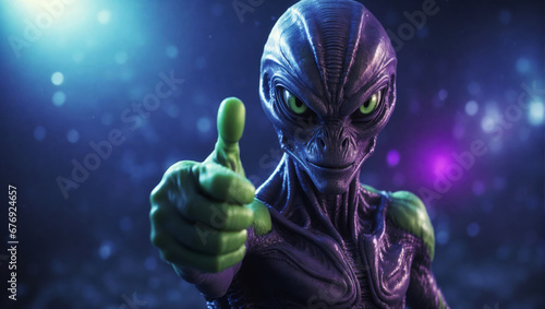 An alien gives a thumbs up.