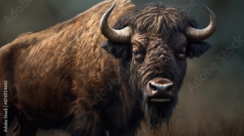 Bison in the nature habitat. Wildlife scene from nature. Wild bison portrait. Wildlife concept with a copy space.